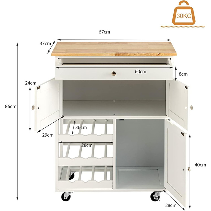 Кухонний візок на колесах, з ящиком, винна стійка, візок для сервіровки білий, 67x37x86 см, 4LIFE