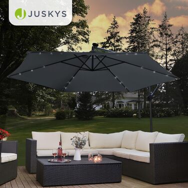 Парасолька від сонця Juskys Ampelschirm Brazil з LED-підсвіткою, сонячною панеллю та ручкою, 300 см, сіра — водовідштовхуюча, з UV-захистом та чохлом