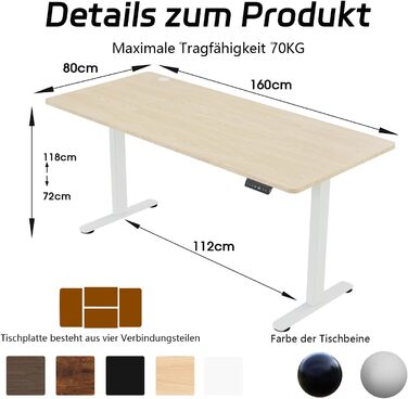 Регульований за висотою стіл Airfish з USB-портом, електричний, з органайзером для кабелів, комп'ютерний/офісний стіл, стоячий стіл з нагадуванням про сидячий режим, 160x80 см, Бежево-білий