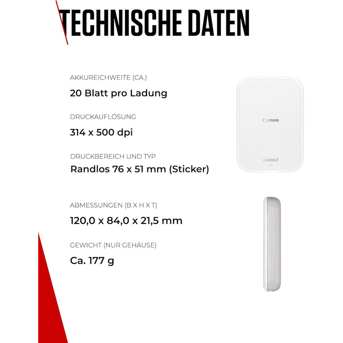 Canon Zoemini 2 Perlweiß: Міні-фотопринтер для смартфонів та планшетів | Модель для подорожей | Комплект друку