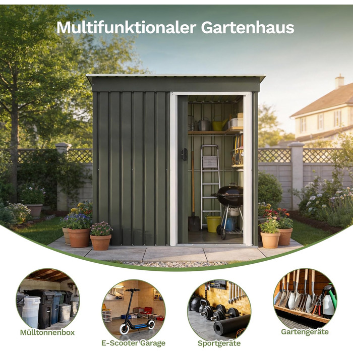 Металевий сарай для інструментів Devoko 96x98x160 см з похилим дахом, сталевий, стійкий до іржі, з рукавичками, замком, для двору, тераси, газону (сірий, S)