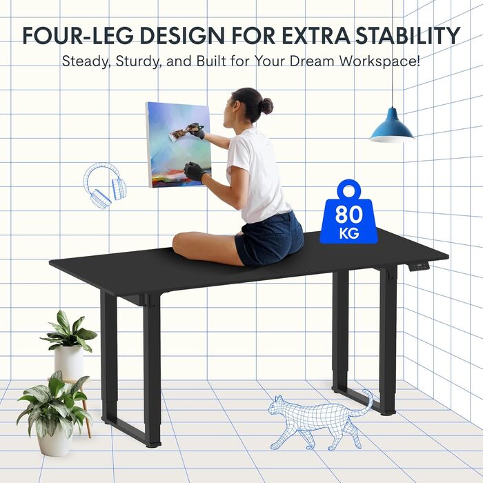 Електричний стіл FLEXISPOT 180x80 см, регульований по висоті, 4 ніжки, 2 мотори, LED-дисплей, функція пам’яті, чорний, можна використовувати як письмовий або обідній стіл