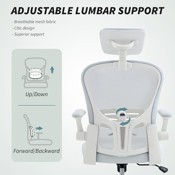 Офісне крісло Vinsetto з високою спинкою, сітчаста тканина, комп'ютерне крісло з обертовою підголівником, 4D підтримка попереку, підйомні підлокітники, регульована висота, білий колір