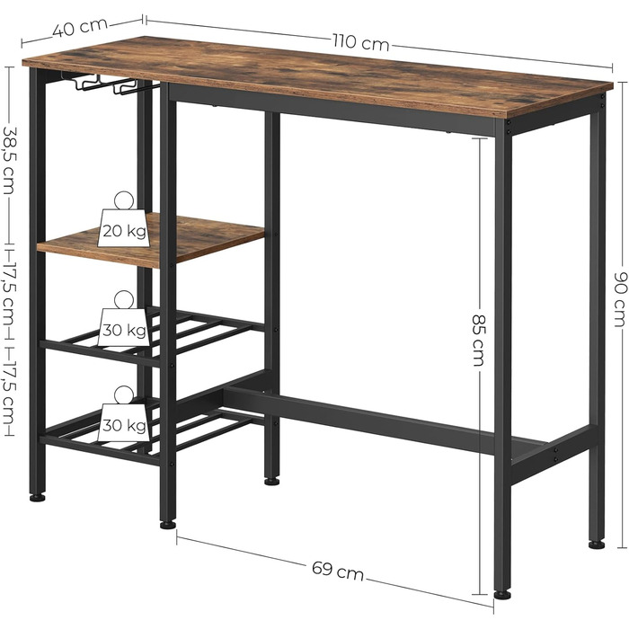 Барний стіл, 110x40x90 см, з тримачем для вина і пляшок, вінтажний коричнево-чорний, промисловий дизайн