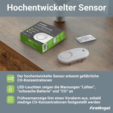 Детектор чадного газу Fire Angel FA3820 з батареєю на 10 років - для дому та подорожей, портативний CO-детектор та сповіщувач, білий