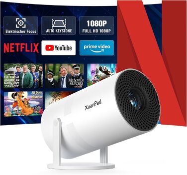 Проектор XuanPad з WiFi та Bluetooth, 30000L, 1080P, обертання 210°, автоматичне вирівнювання зображення, захист від пилу та теплообмін, сертифікований Netflix
