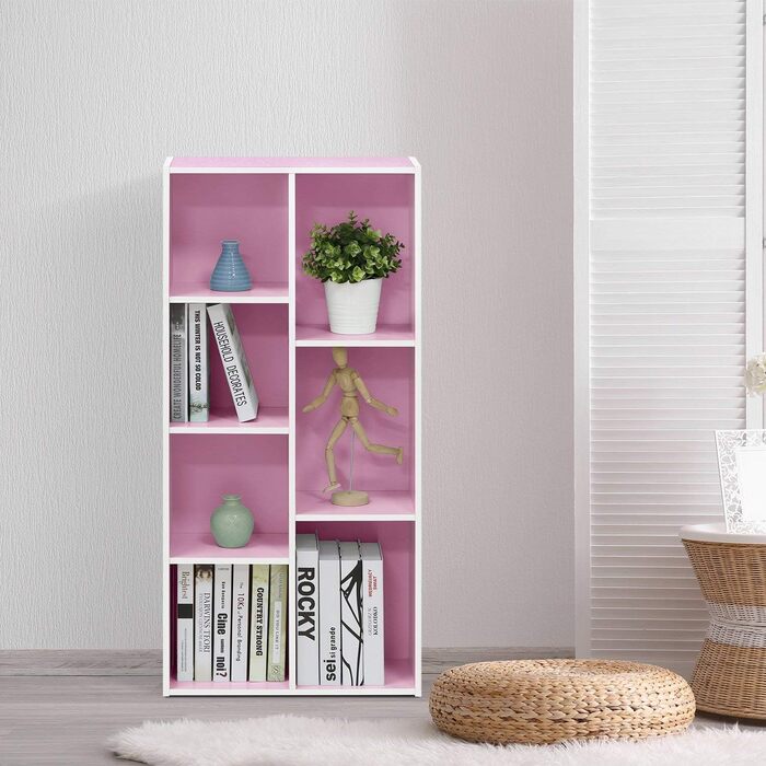 Відкрита книжкова шафа Furinno з 7 відділеннями, дерево, білий/рожевий, 49,5 шт. 23,9 x 105,9 см 7 відділень білий/рожевий