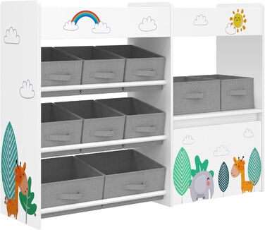 Дитяча полиця для іграшок HOCSOK з 10 тканинними коробками для зберігання, полиця для книг, іграшковий ящик на колесах, органайзер для іграшок у дитячій кімнаті, білий