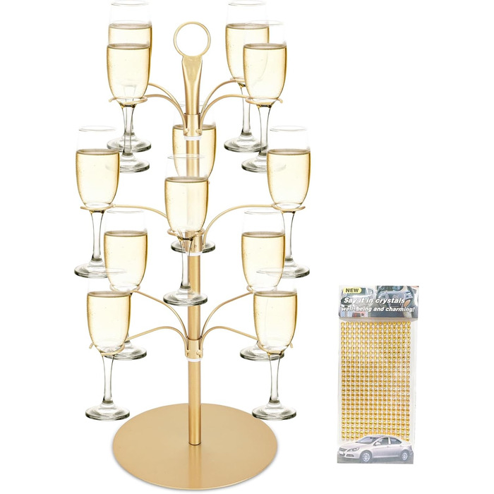 Стійка для коктейлів та келихів YCWF, 3 яруси, 12 келихів, золота. Ідеально для вечірок та святкування. Підходить для шампанського, коктейлів, маргарити та мартини.