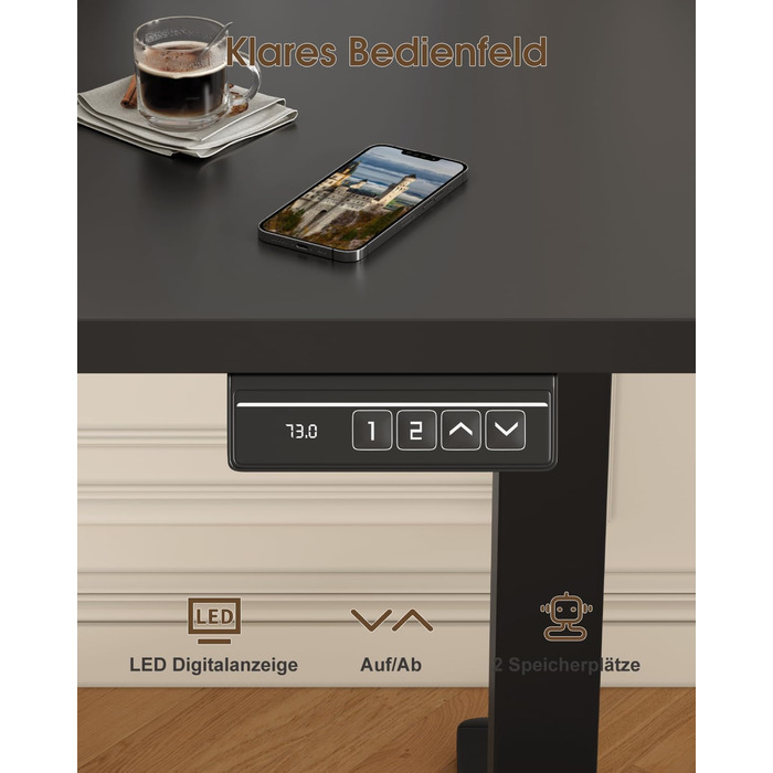 Електричний столик Devoko 160x70 см з регулюванням висоти, з підставкою для монітора, комп'ютерний, 2 функції пам'яті, вінтажний коричневий