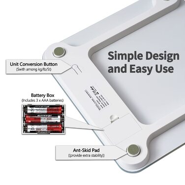 Цифрові ваги для ванної кімнати BAGAIL з високоточними датчиками та загартованим склом, ультратонкий дизайн, дисплей ваги (кг/фунт/камінь) - 15 років гарантії N-White
