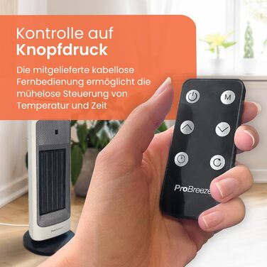 Обігрівач Pro Breeze керамічний з пультом дистанційного керування, 7 режимів нагріву, 2000W, захист від перегріву, таймер 24 год, ECO режим, тиха робота, осциляція 80°