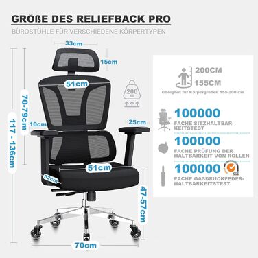 Ергономічне крісло для офісу та дому, 200 кг, чорний колір, з регульованою глибиною сидіння, 4D підлокітники, підтримка попереку, для тривалого сидіння, з пінопластовим наповнювачем