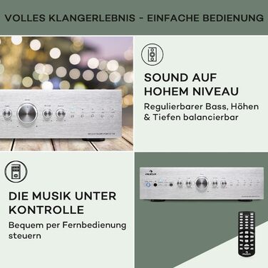 Міні-підсилювач Auna HiFi Stereo, 2 канали, керування низькими та високими частотами, з дистанційним керуванням, AUX, срібло