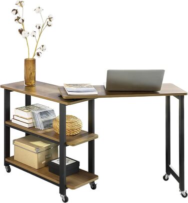 Подібний приставний столик з 2 полицями Диванний стіл з коліщатками Журнальний столик Кутовий стіл Комп'ютерний стіл Робочий стіл Промисловий дизайн BHT приблизно 133x69x30 см (коричневий), 83-N L-