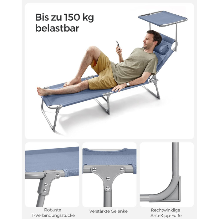 Лежак для відпочинку SONGMICS, розкладний, 193 x 53 x 29 см, до 150 кг, з підголовником, регульована спинка, для саду, басейну, тераси (Блакитний)