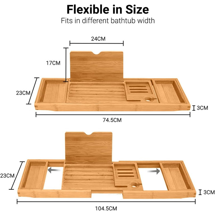 Підставка для ванни ADOV з бамбука, розширювана, з місцем для телефону, книги, напоїв та свічки. Підходить для більшості ванн