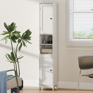 Шафа для ванної кімнати HOMCOM - витончена та функціональна. Компактний дизайн (30 x 30 x 170 см) з дверцятами та відкритими полицями. Колір: білий.