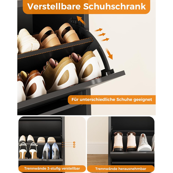 Шкаф для взуття IRONCK з 4 дверцятами, вузький, з 2 висувними ящиками, окремо стоячий, з регульованими перегородками, для передпокою, входу та вітальні (Білий) Білий (100x23.5x98см, Чорний)