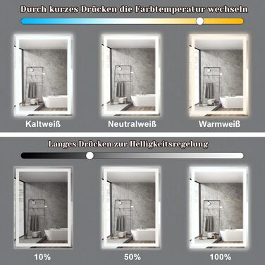 Дзеркало для ванної кімнати Mursche з підсвічуванням LED, 50x70 см, IP44, сенсорний вимикач, годинник, протитуманна функція, регулювання яскравості, 3000K-6500K, прямокутна форма