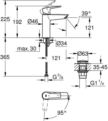 Змішувач для ванної кімнати Grohe Start, економічний, холодна вода в середньому положенні, з Pop-Up клапаном, 19 см, хром, 23746002 M (225 mm)
