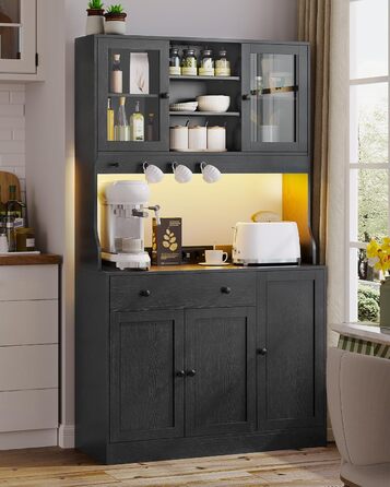 Чорний кухонний шафка з робочою поверхнею, буфет з LED-підсвіткою, розеткою, ящиками та регульованими полицями (103.5 x 40 x 180 см)