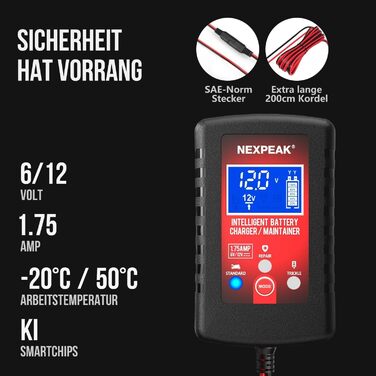 Зарядний пристрій для акумулятора Nexpeak NC175: 6V/12V, 1.75A, Smart, для автомобілів