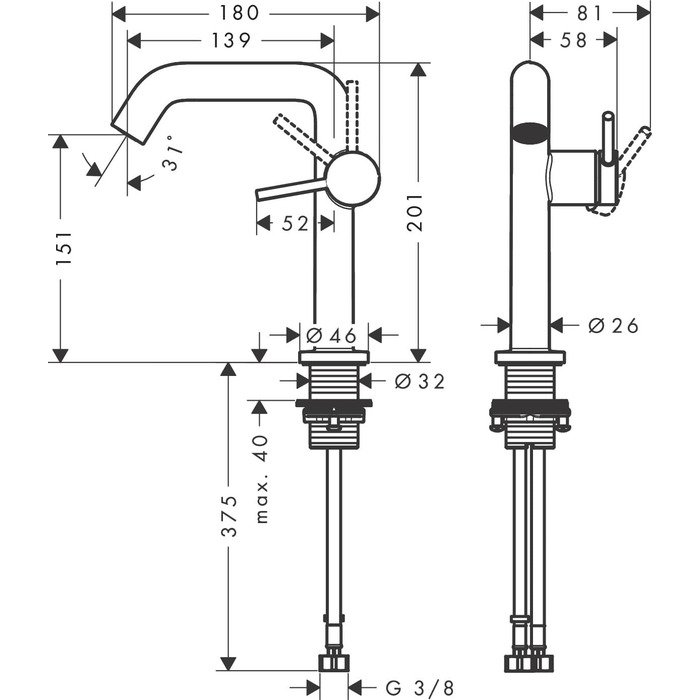 Змішувач для ванної кімнати Hansgrohe Tecturis S Fine з Push-Open та EcoSmart+ (економія води), витяжка 110 мм, хром