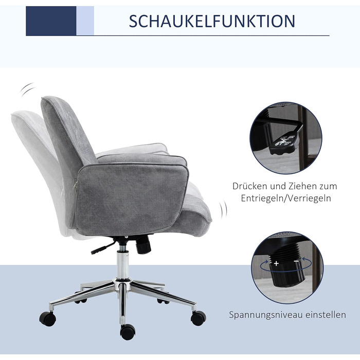 Крісло Vinsetto для офісу та дому: регульоване, поворотне, з функцією гойдання, для робочого кабінету або спальні, сірого кольору (до 120 кг)