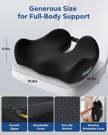 Ортопедична подушка для сидіння Feagar з memory foam - ергономічна подушка для офісного крісла, авто та дому - подушка для куприка, зняття навантаження при тривалому сидінні, неслизька (до 100 кг), чорна