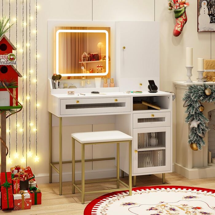 Тумбочка для макіяжу з LED-підсвічуванням COSTWAY, туалетний столик з зарядкою, дзеркало, пуф, 3 ящики, місце для фену, білий + золотий