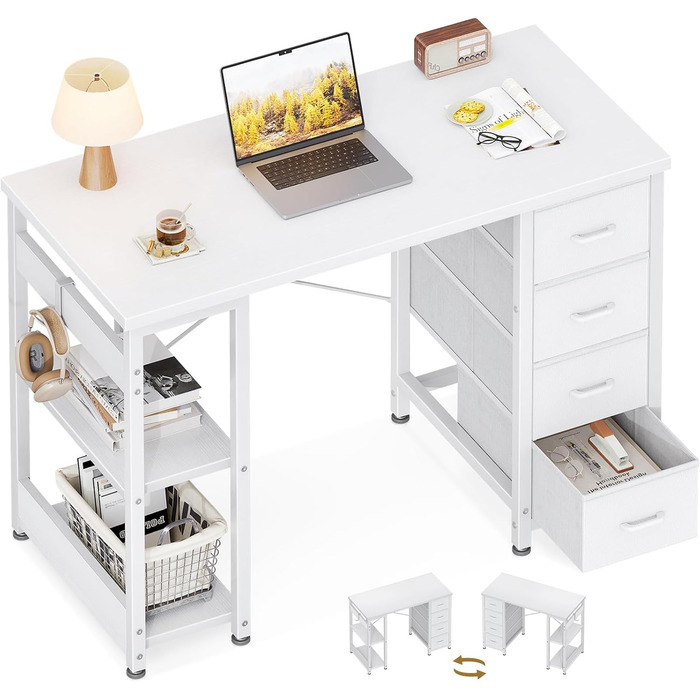 Компактний письмовий стіл Coleshome з 4 шухлядами, 100x40 см, з полицями, для офісу, кабінету, спальні