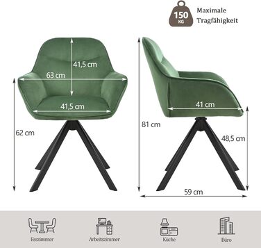 Набір обертових стільців для їдальні з підлокітниками (2 шт.), зелені