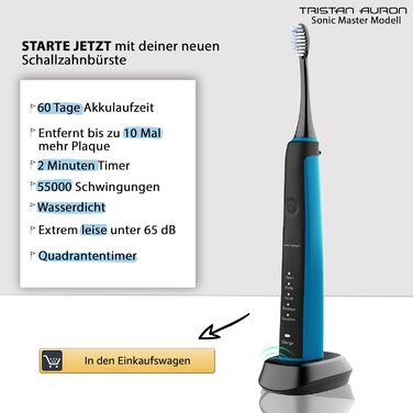 Електрична зубна щітка Tristan Auron SonicMaster (Блакитна) - 6 голів + чохол - 5 режимів, 55000 VPM, таймер 2 хв, 100 днів гарантії