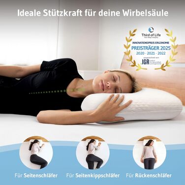 Ортопедична подушка ELORA, Memory Foam, 100% органічна бавовна, підтримка шиї, для тих, хто спить на боці та на спині, ергономічна подушка для шиї HWS, біла подушка ELORA