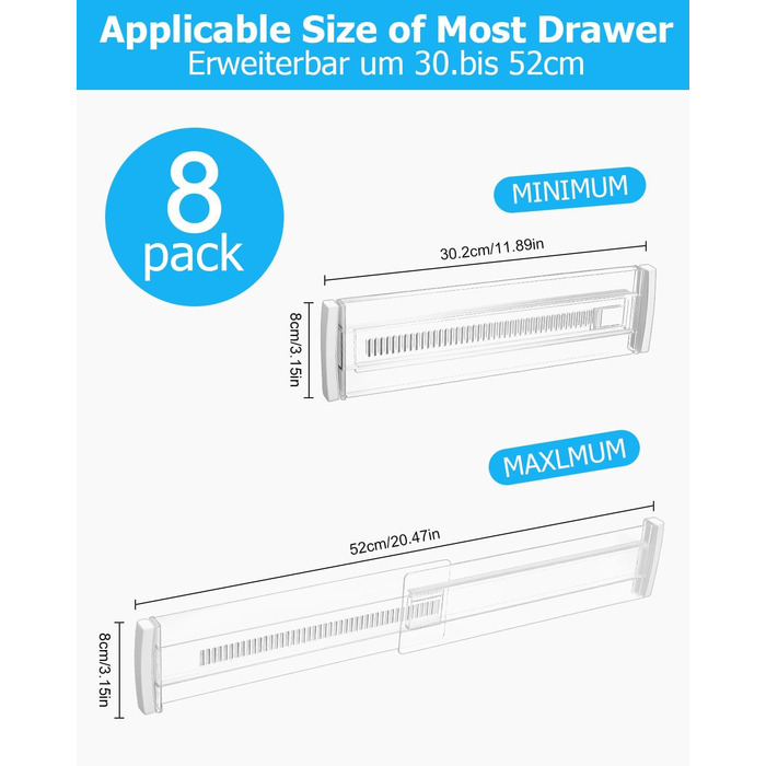 Набір роздільників для ящиків Cexovo, 8 шт., регульовані, пластикові. Роздільники для ящиків кухні, шафи, спальні, комода. Прозорі.