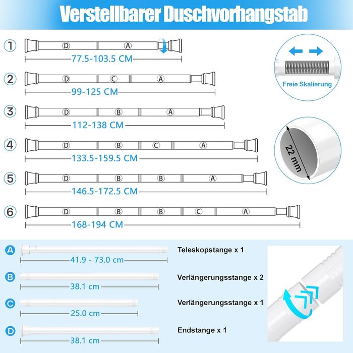 Штанга для карниза без свердління 76-200 см, телескопічна, для душу, одягу, вікна, кухні, шафи (біла)