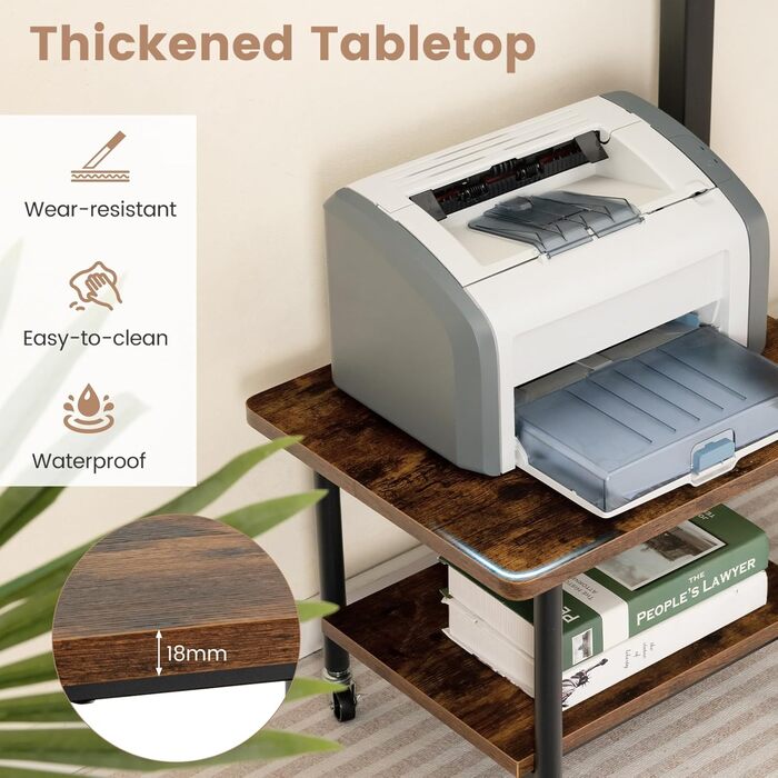 Стіл для принтера HOMASIS 2-ярусний, стійка для принтера з 4 колесами та 2 гальмами, вантажопідйомність 55 кг, підставка для принтера, полиця для принтера, візок для принтера для офісу та дому (колір: коричневий)