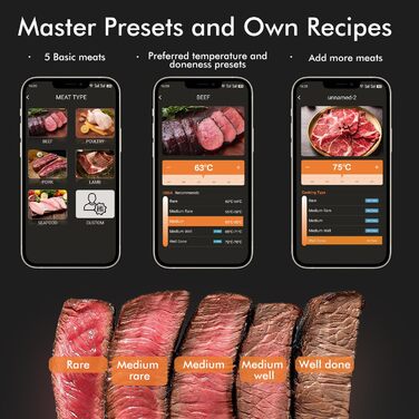 Термометр для м'яса з дистанційним моніторингом 130 м, для гриля, духовки, коптильні та кухні, термометр для гриля, IPX7 водонепроникний, відстеження температури в реальному часі, сумісний з iOS/Android, сріблясто-сірий
