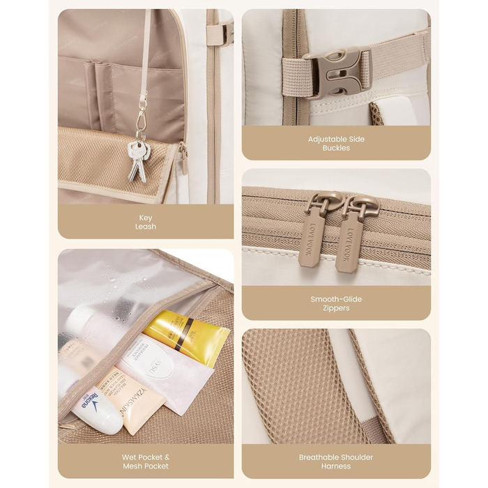 LOVEVOOK Рюкзак для ручної поклажі, 40L, для подорожей, чоловічий/жіночий, для ноутбука 17 дюймів, водонепроникний, рюкзак-валіза, для вихідних, роботи, відпустки, бежевий (бежевий+хакі)