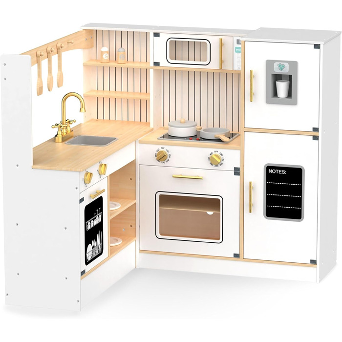 Дерев'яна кухня Мамабрум XXXL з LED-підсвічуванням та аксесуарами для дітей 3+ - набір іграшкової кухні з мікрохвильовою піччю, каструлями та столовим приладдям