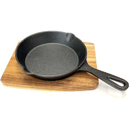 Сковорода для гриля чавунна Ø 15,5 см з дерев'яною дошкою сковорода для барбекю сковорода для гриля лита сковорода для сковорідки лита сковорода для сервірування, 24