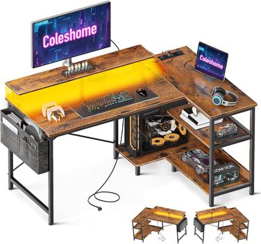 Ігровий стіл Coleshome L-подібний з LED-підсвіткою та розетками, 120x80 см, кутовий комп'ютерний стіл з полицею та підставкою для монітора, для офісу та домашнього кабінету, коричневий