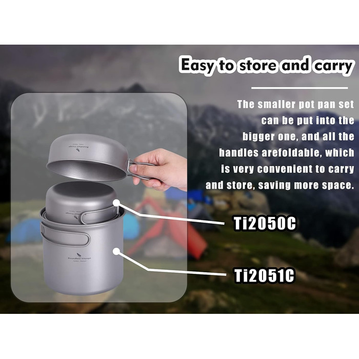 Набір посуду для кемпінгу iBasingo з титану: каструля та сковорода з складаним ручками. Легкий набір для приготування їжі на природі, туризму та пікніків. Модель Ti2052C