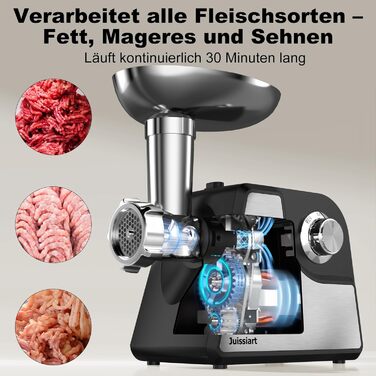 Електрична м'ясоподрібнювач Fleischwolf Juissiart: подрібнювач, фарш, ковбасний насадка, нержавіюча сталь, 3 диски, для кеббе, універсальний