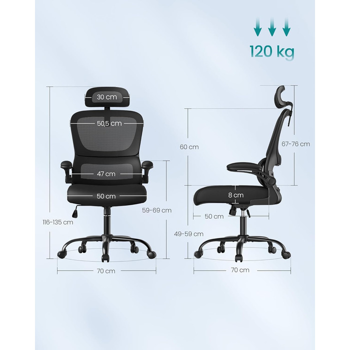Офісне крісло SONGMICS з ергономічною підтримкою спини, сітчасте, з регульованою підголовником, для дому та офісу (чорний)