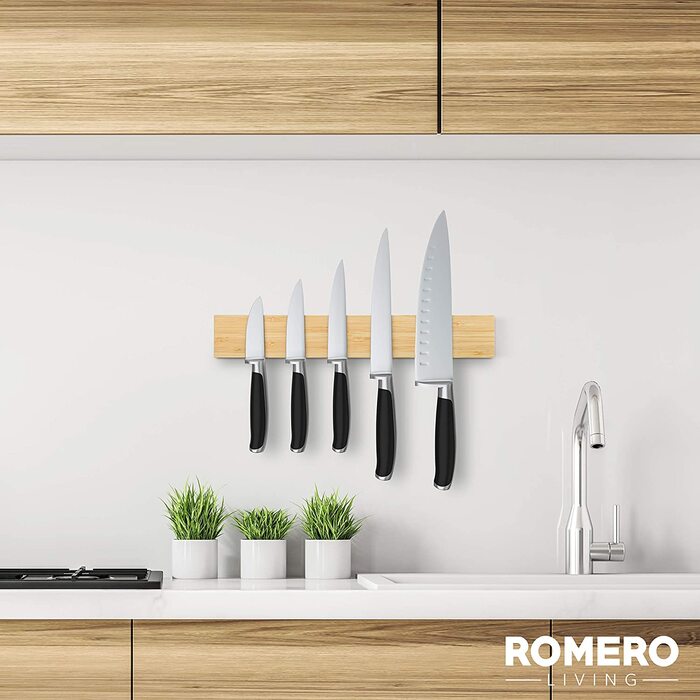Магнітна підставка для ножів 40 см,  Romero Living  самоклеюча 3 м VHB з сильним магнітом, бамбукове дерево, силікон