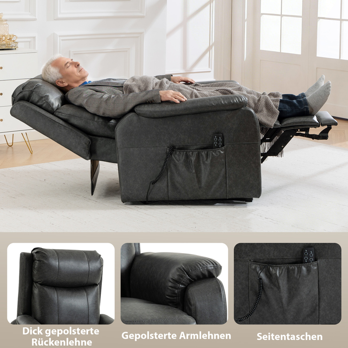 Крісло-реклайнер для літніх людей з підйомним механізмом, електричне крісло з штучної шкіри з подвійним мотором, з амортизованими подушками, чорного кольору.