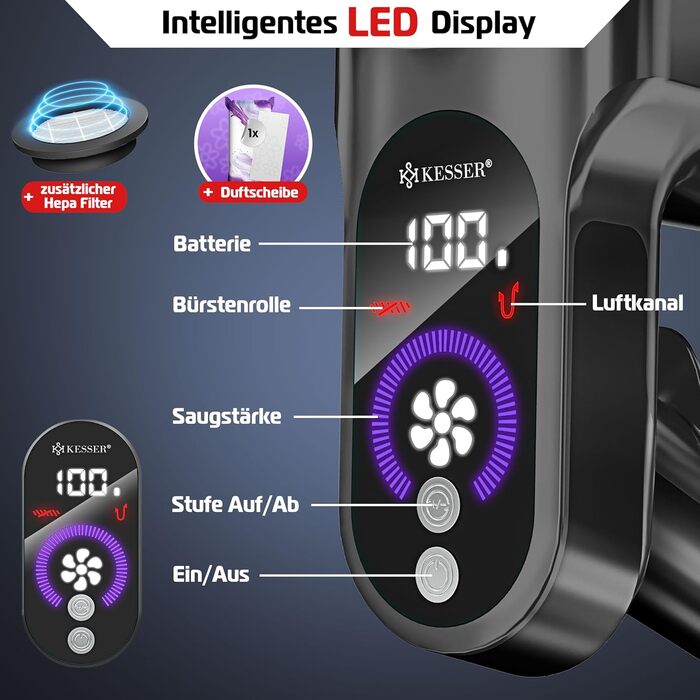 Бездротовий акумуляторний пилосос KESSER® з LED дисплеєм та аромакапсулою | Бездротовий пилосос без мішка з антизаплутаною насадкою, HEPA-фільтром, час роботи до 60 хвилин, для твердих поверхонь та килимів, чорний/червоний