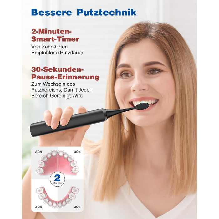 Електрична звукова зубна щітка, 45000 VPM, відбілювання за 1 тиждень, 120 днів роботи від акумулятора, індикатор заряду, 6 насадок DuPont, 5 режимів, таймер, чорна